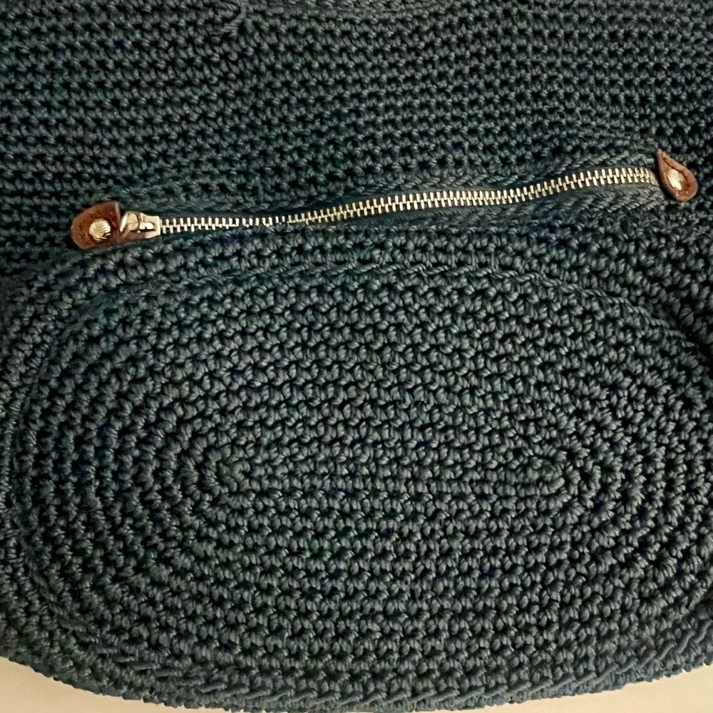 The Sak Indio Crochet Tote Blue Knit Bag Braided Faux Leather Straps - Picture 6 of 15
